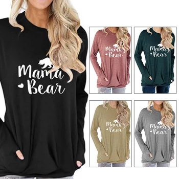 

Mama Bear Autumn Women Long Sleeve T-shirt Pockets Femme Top Cotton Tumblr Graphic Cute Mom Tee Plus Size Luxury Clothes 2019