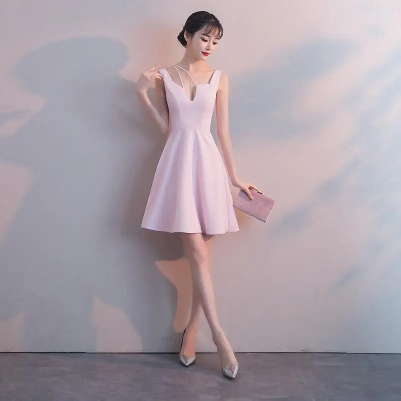 Женское благородное вечернее платье, элегантное, Cheongsam, китайское изящное платье, сексуальное, Qipao, спагетти воротник, Vestidos De Festa - Цвет: pink short