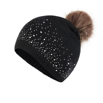 

Women Casual Outdoor Warm Fashion Elastic Hemming Soft Rhinestone Studded Windproof Plush Ball Daily Knitted Hat Autumn Winter