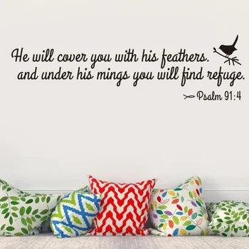 

He Will Cover You With His Feathers Bible Verses Scripture Psalm 91:4 Vinyl Stickers Bedroom Decor 17.5x62cm