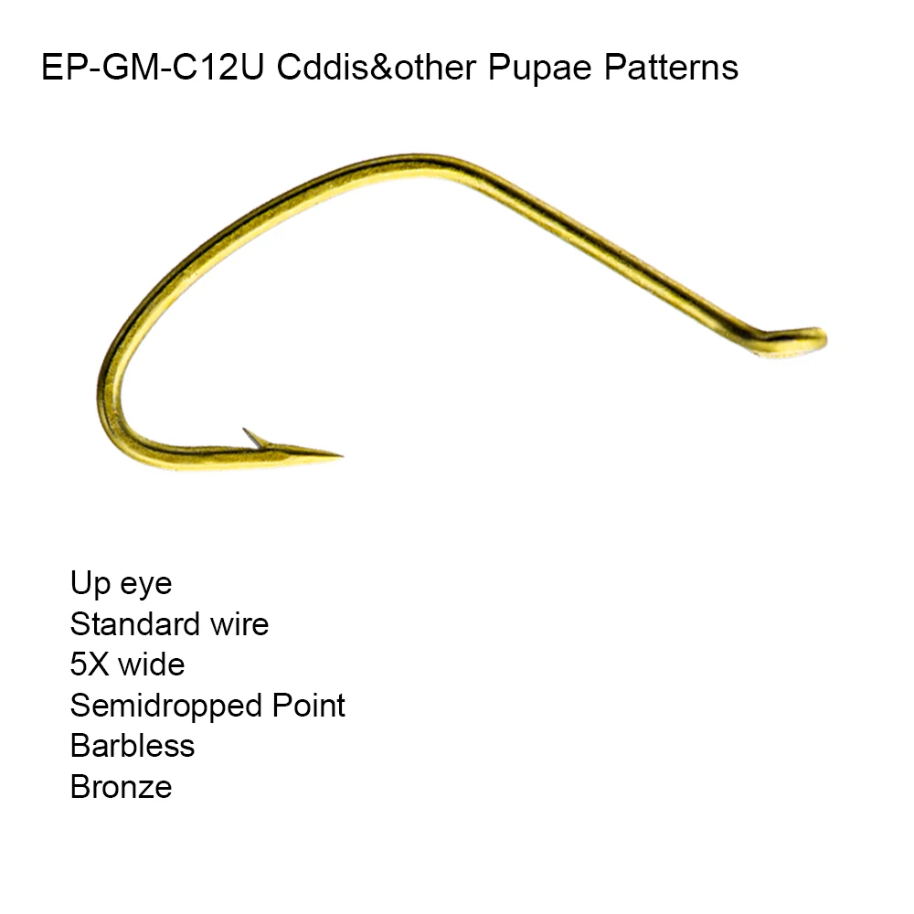 

Eupheng 100pcs EP-GM-C12U Cddis&other Pupae Patterns Fishing Hook Up Eye 5X Wide Hook Semidropped Point Fly Fishing Hook