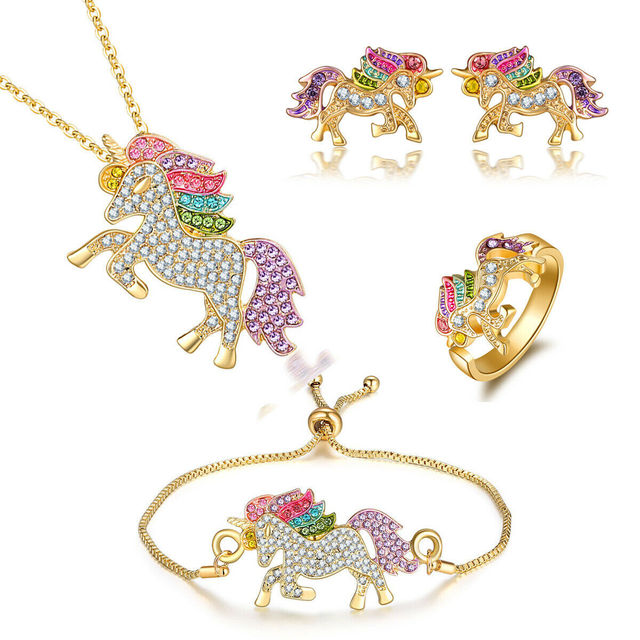 Crystal Unicorn Rings Necklace Bracelet Earrings Jewelry Set Cute Cartoon Rainbow Horse Accessories For Women Jewelry
