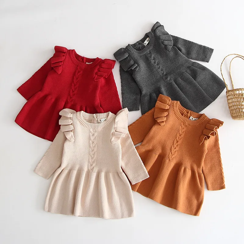 От 0 до 5 лет, осенне-зимнее платье для маленьких девочек вязаная теплая одежда для малышей однотонное платье-свитер с длинными рукавами и оборками для девочек одежда для малышей