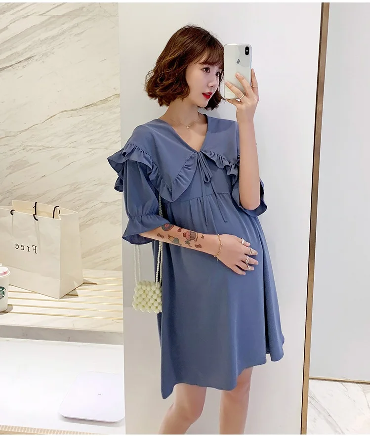 Vestido de Maternidade Novo Verão Coreano Tamanho Grande Cor Sólida Lotus Leaf Collar Lapela Chiffon 20 High Quality Mamãe e Bebê