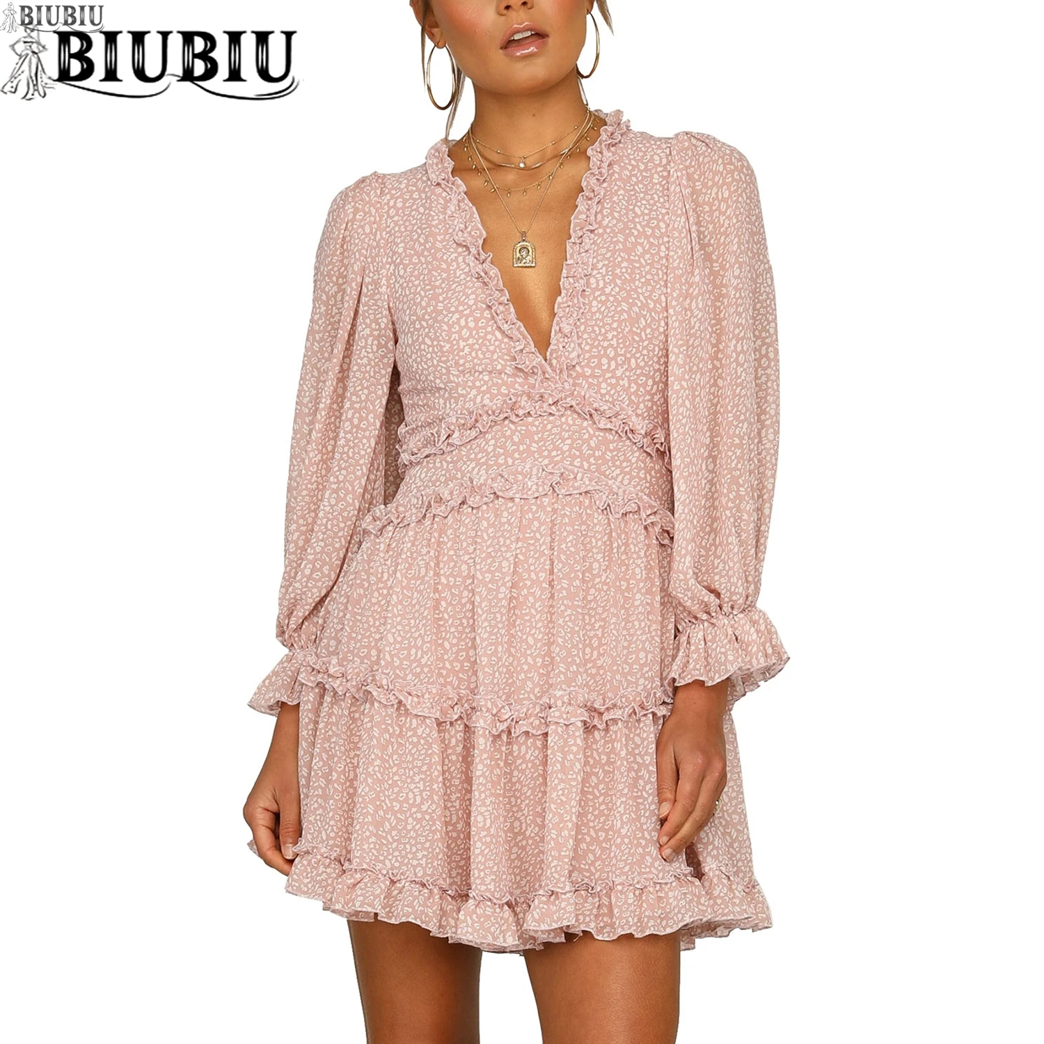

BIUBIU Polka Dot Mini Dress Women 2019 Fashion Long Sleeve Ruffle Chiffon Dress Autumn V Neck Vintage Dresse Pink White Vesdios