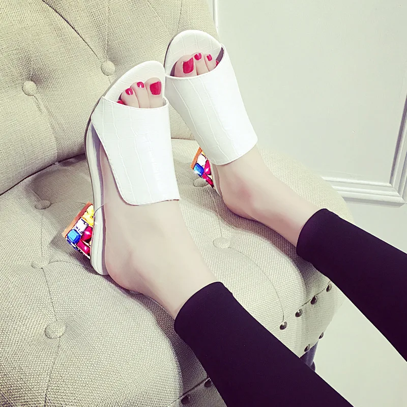 

2016 Spring And Summer New Style Comfortable Chunky-Heel Semi-high Heeled Slippers Mixed Colors shui jing gen Sandals Europe And
