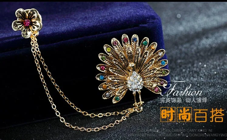 Japanese Korean Retro Peacock with Pendant Elegant Brooch Collar Pin