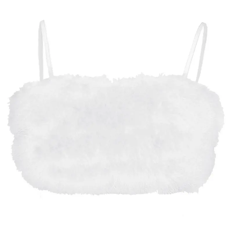 Womens Sexy Spaghetti Strap Feather Crop Top Camisole Fluffy Plush Bralette Vest