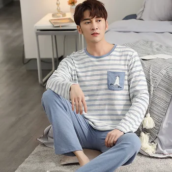 

Pajamas Men's Spring and Autumn Long-sleeved Pure Cotton Casual Sports Plus Size Home Service Suit Pyjama Homme Sommeil Tops New