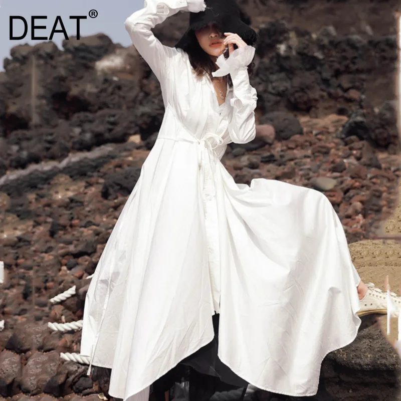 

DEAT High Street Style Fashion High Wasit Turn Down Collar Ankle Length Dresses Women Loose Solid Dress 2020 spring New TD562