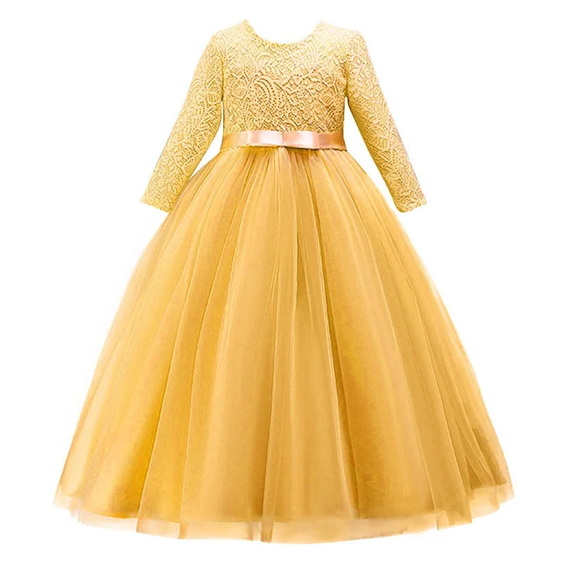 Модное Новое Детское платье для девочек, 3/4 рукав, высокая талия, зеленое кружевное Тюлевое платье с v-образным вырезом на спине элегантное праздничное платье принцессы для девочек на день рождения - Цвет: yellow