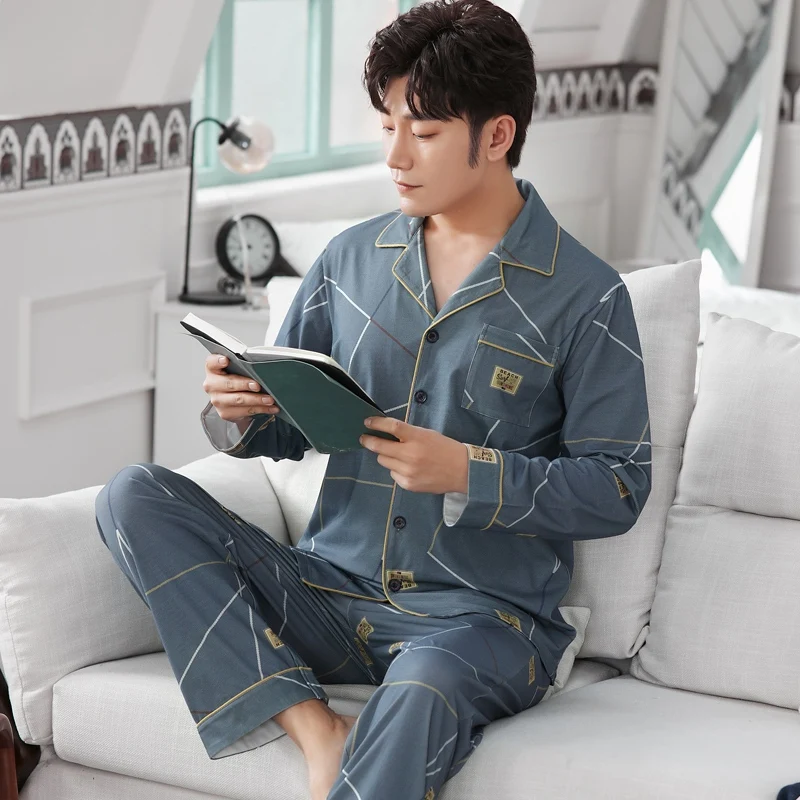 red pajama pants 2021 Autumn 100% Cotton Print Long Sleeve Pajama Sets for Men Korean Sleepwear Suit Pyjama Homewear Male Loungewear Home Clothes cotton pajamas for men Men's Sleep & Lounge