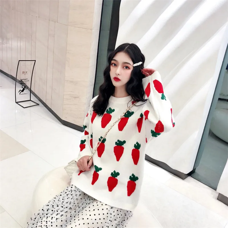 

Fashion autumn winter women's sweater wild fun carrot pattern lazy wind Casual loose pullover knit sweater black dropshipping