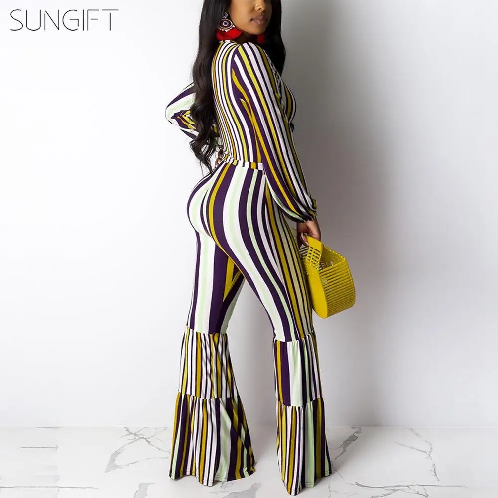 SUNGIFT 1 шт. африканская женская одежда Дашики комбинезон с длинным рукавом V образным вырезом Топ и клеш брюки в полоску с принтом Осень