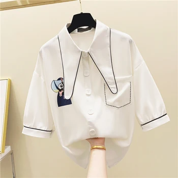 

Doll Collar Printed Retro Five-Quarter Sleeve Shirt Female 2020 Summer Temperament All-match Shirts Ladies Blouse Tops Blusas