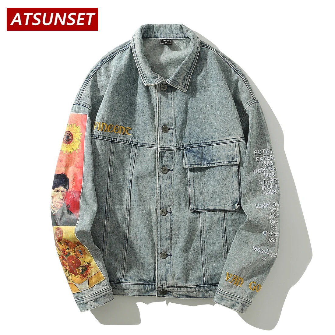 ATSUNSET Art Painter Van Gogh Jacket Men Hip Hop Streetwear Vintage Style Harajuku Jacket Autumn and winter Top korean style child and adult beret family match parent kids knitted bonnet winter autumn warm hat boys girls fashion painter cap