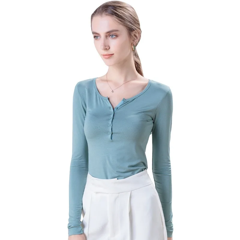 

Autumn New Solid Color Casual Simple Low V-neck Slim Long Sleeve Mercerized Cotton Base Shirt Women's Inner Western Style Top