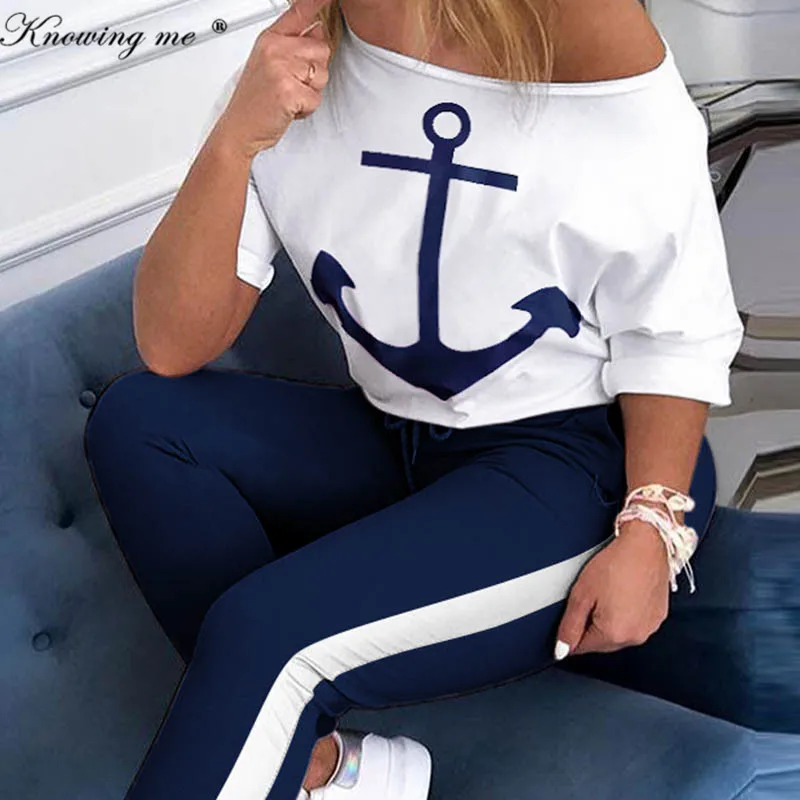 

Women Boat Anchor Print Two Piece Set Tracksuit Lady Spring sexy off shoulder Tops And Elastic Waist Long Pants Set Lounge Wear