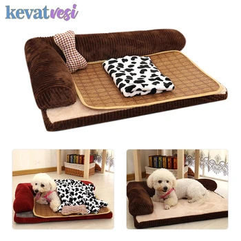 

Pet Dog Sofa Bed Detachable Corduroy Cat Beds Breathable Large Dog Cushion Cool Mat Blanket Set Four Seasons General Pet Kennel