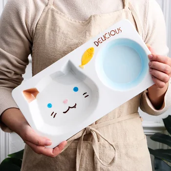 

Cartoon Cat Kids Dinner Plate Partition Animal Porcelain Dinner Trays Creative Ceramic Dinnerware Gift Box Dishwasher Safe