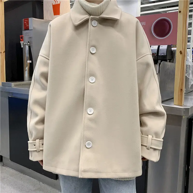 

Korean Short Woolen Coat Men's Fashion Solid Color Casual Woolen Coat Men Loose Autumn Winter Oversize Woolen Coat Mens Overcoat