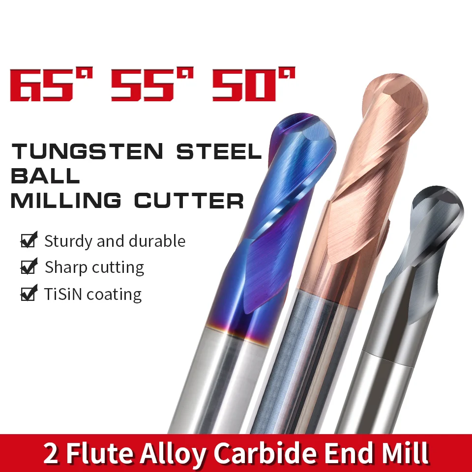 Augusttool HRC50 55 65 2 Flute Ball Nose End Mills Tungsten Carbide Cutter CNC Router Bit Milling Tool R0.5 R1 R2 6mm 8mm 10mm |
