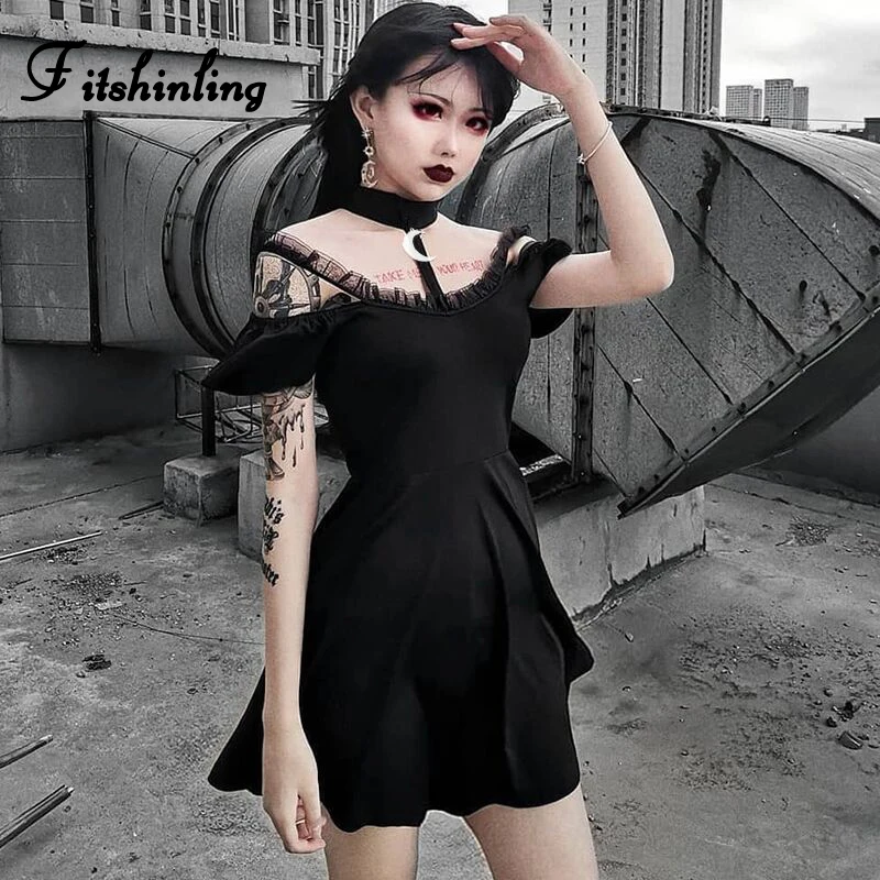 Fitshinling готические платья с открытыми плечами женская одежда Темный Harajuku Moon чокер