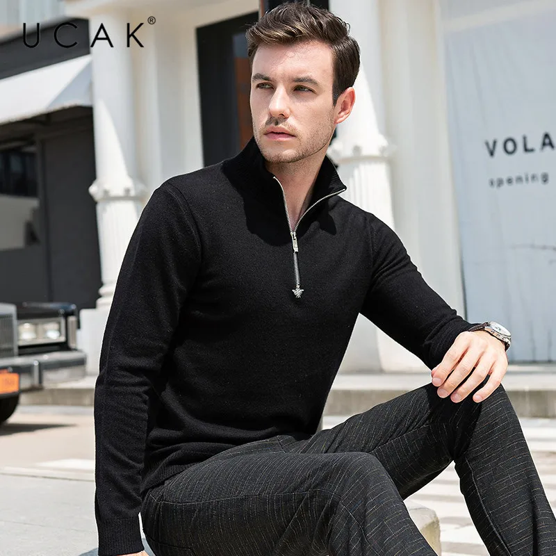 70% OFF UCAK Brand Sweaters Men 2019 Casual Autumn Winter Pull Homme Pure Merino Wool Turtleneck Warm Fashion Cashmere Sweater Men U3084