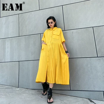 

[EAM] Women Yellow Pleated Split Joiint Big Size Shirt Dress New Lapel Half Sleeve Loose Fit Fashion Spring Summer 2020 1U066