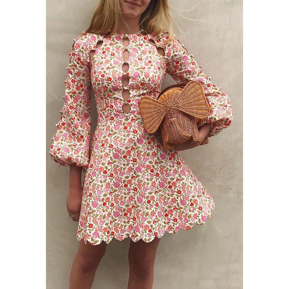 

Top Version Pink Linen Cotton Floral Printed Hollow Out Short Dress Features Puff Sleeve & Bubble Button Closured Detail