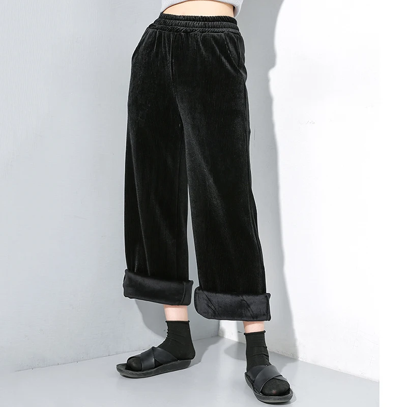 [EAM] High Elastic Waist Black Long Velvet Wide Leg Trousers New Loose Fit Pants Women Fashion Tide Spring Autumn 19A-a25