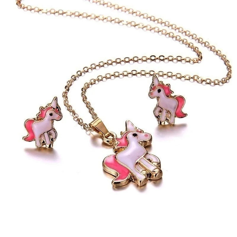 4 in Pink Girls Xmas Jewelry Gift1 Earring and Necklace Set Cartoon Unicorn Necklace Earrings Jewelry