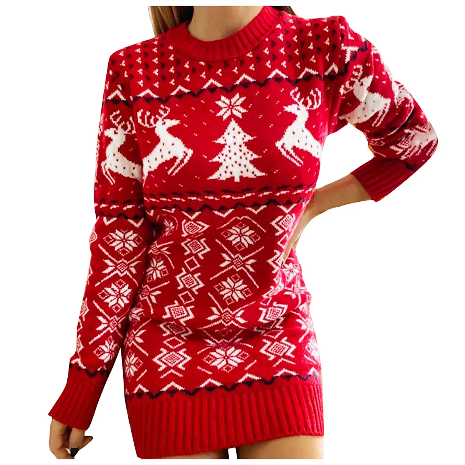 Autumn Winter Dress Women's Fashion Long Sleeve Round Neck Sweater Dress Christmas Knit Print Vintage Ladies Pullover Dress 2