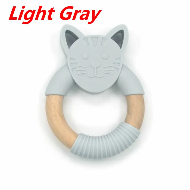Light Gray Силиконовый Прорезыватель для зубов в форме кошки, Аксессуары для младенцев, детский Прорезыватель Мультяшные деревянные кольца, детские игрушки для новорожденных, игрушка для жевания, подарок новорожденному - Цвет: Light Gray