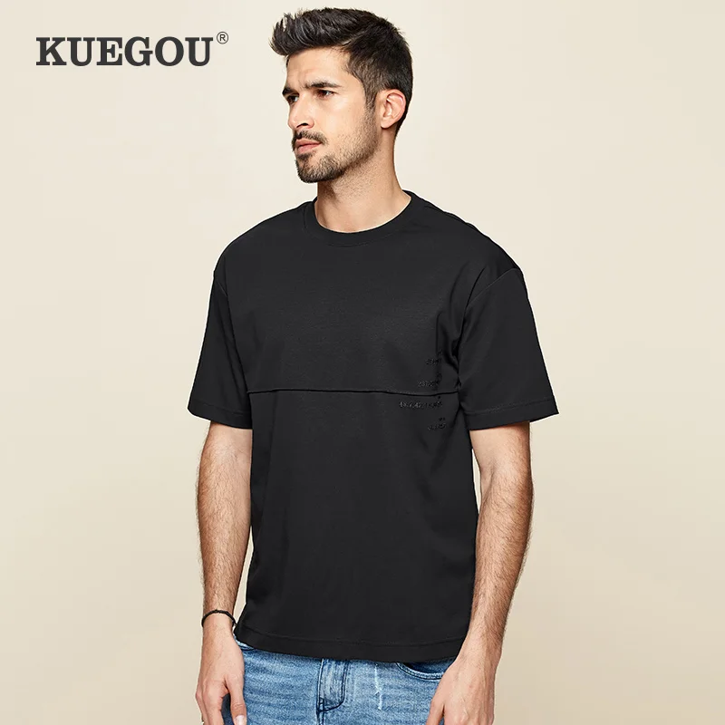 KUEGOU 2020 летняя хлопковая одежда с вышивкой однотонная белая футболка Для мужчин