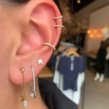 White Clear CZ Paved Safety Pin Earring 2021 Valentine’s Day Gift Women Jewelry Gold Filled Untique Stack Multi Piercing Earring