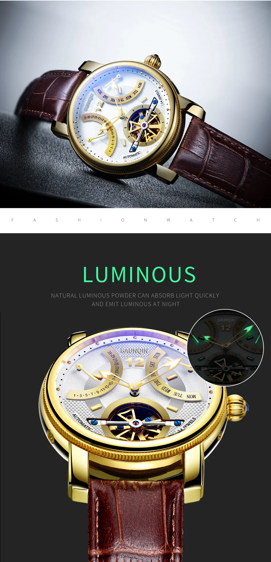 GUANQIN Luminous Watch For Men Automatic Mechanical Wristwatches Watches Luxury Butterfly buckle Push Button Hidden Clasp