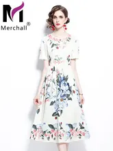 Merchall Summer Elegant Boho Flower Print Midi Dress O-neck Short Sleeve A Line Dress Runway Vintage Women's Clothing M62067