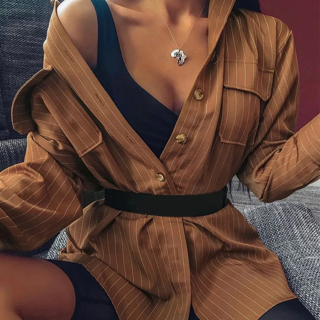 Womail Fashion женские блузы поступление в полоску на пуговицах с v-образным вырезом с длинным рукавом блузки Повседневное карманами поясом Свободная Женская рубашка