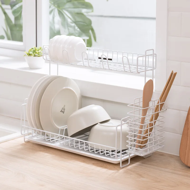 

NC Double Layer Tableware Draining Shelf with Water Pan Wholesale Multi-functional Kitchen Dishes Dish Chopsticks Storage Shelf