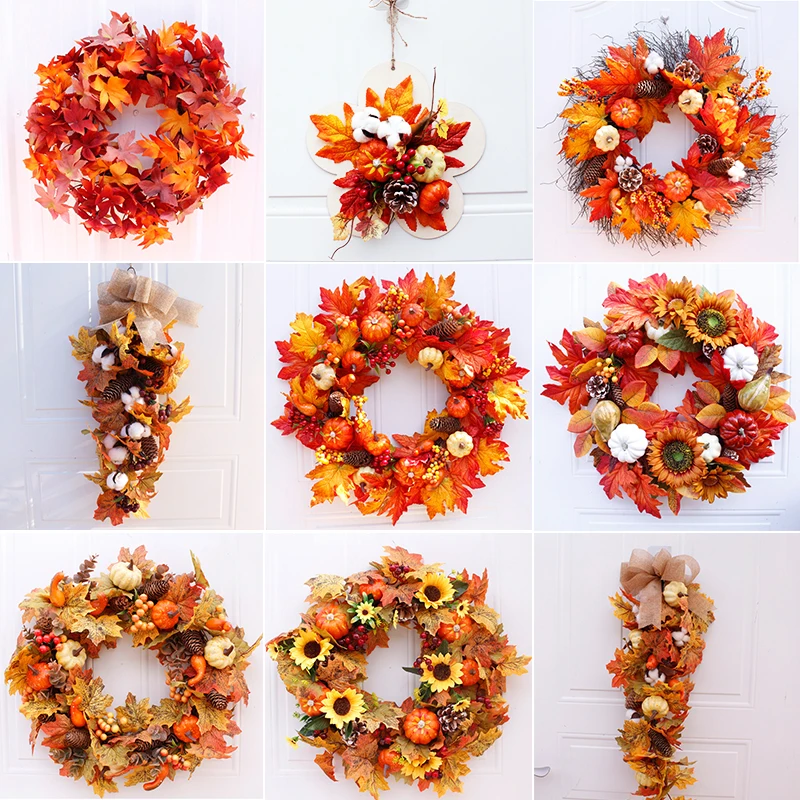 

Silk Autumn Wreath Christmas Decoration Thanksgiving Rattan Material Garland Window Restaurant Home Decoration Fall Wreath Door