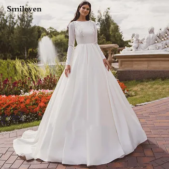 

Smileven Long Sleeve Dubai Wedding Dresses A Line Lace Country Bride Gown Muslim Wedding Gown Covered Back Vestido de novia 2021