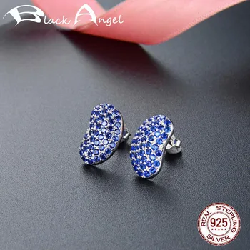

New 925 Sterling Silver Inset Blue Zircon Pea Stud Earrings Fine Jewelry Simple CZ Geometry for Women