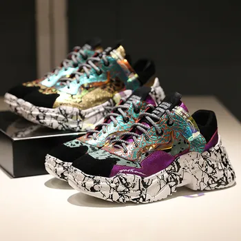 

Luxury Brand Sneakers Women Graffiti Mixed Color Platform Shoes Fashion Genuine Leather Chunky Sneakers Women Zapatillas Mujer