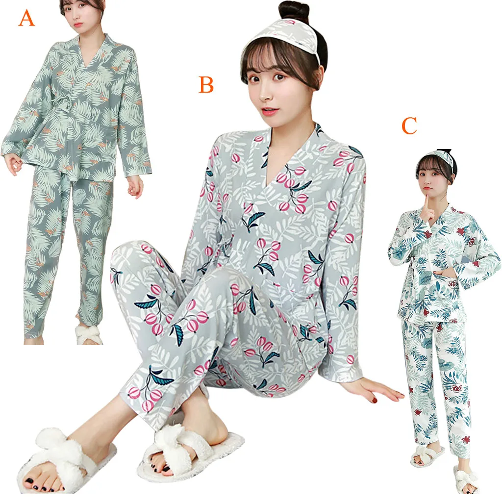 Японское кимоно и ветрозащитная пижама из 3 предметов, кардиган на шнуровке с v-образным вырезом, домашний костюм ханбок, топ с длинными рукавами+ брюки+ маска для глаз