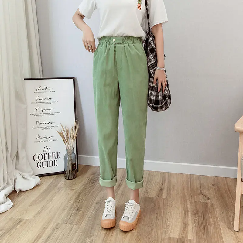 Green Vangull женские вельветовые шаровары, однотонные Свободные повседневные штаны с высокой талией, Осенние новые длинные штаны с эластичной талией в Корейском стиле - Цвет: Green