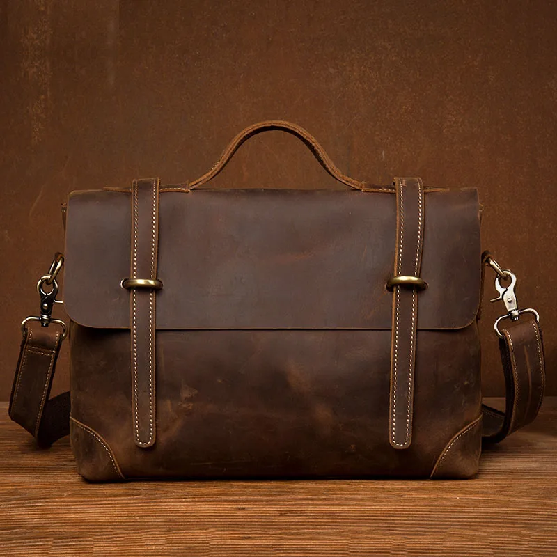 

NEW 2020 Vintage Men Crazy Horse Genuine Leather Briefcases Male Shoulder Cross Body Business Bags Students Messenger Satchels