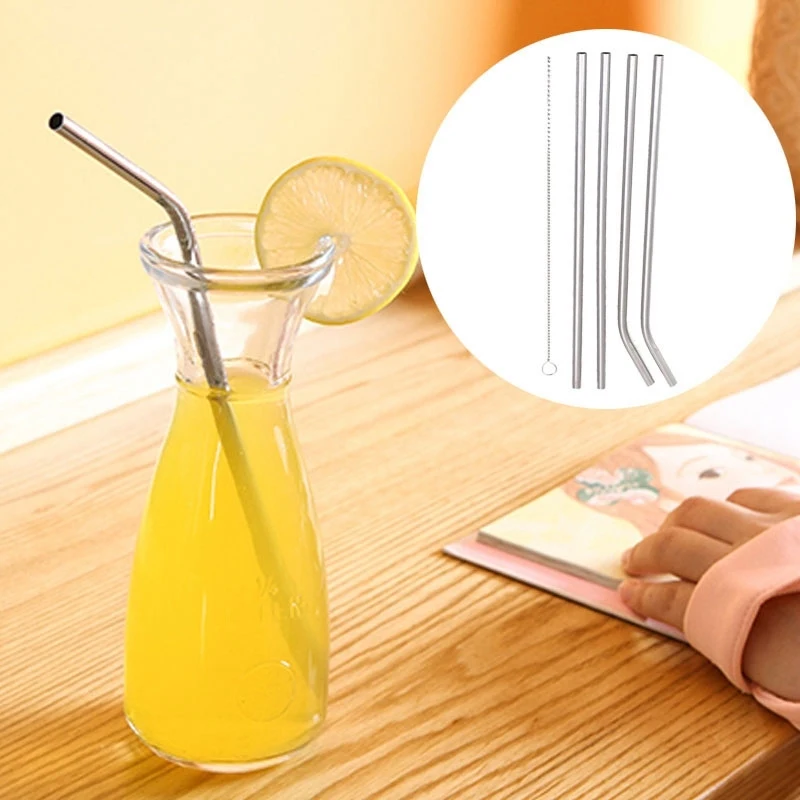 

4/8Pcs Reusable Drinking Straws 304 Stainless Steel Metal Beer Whisky Juice Straw with Cleaner Brush for Bar Party Drink Tools