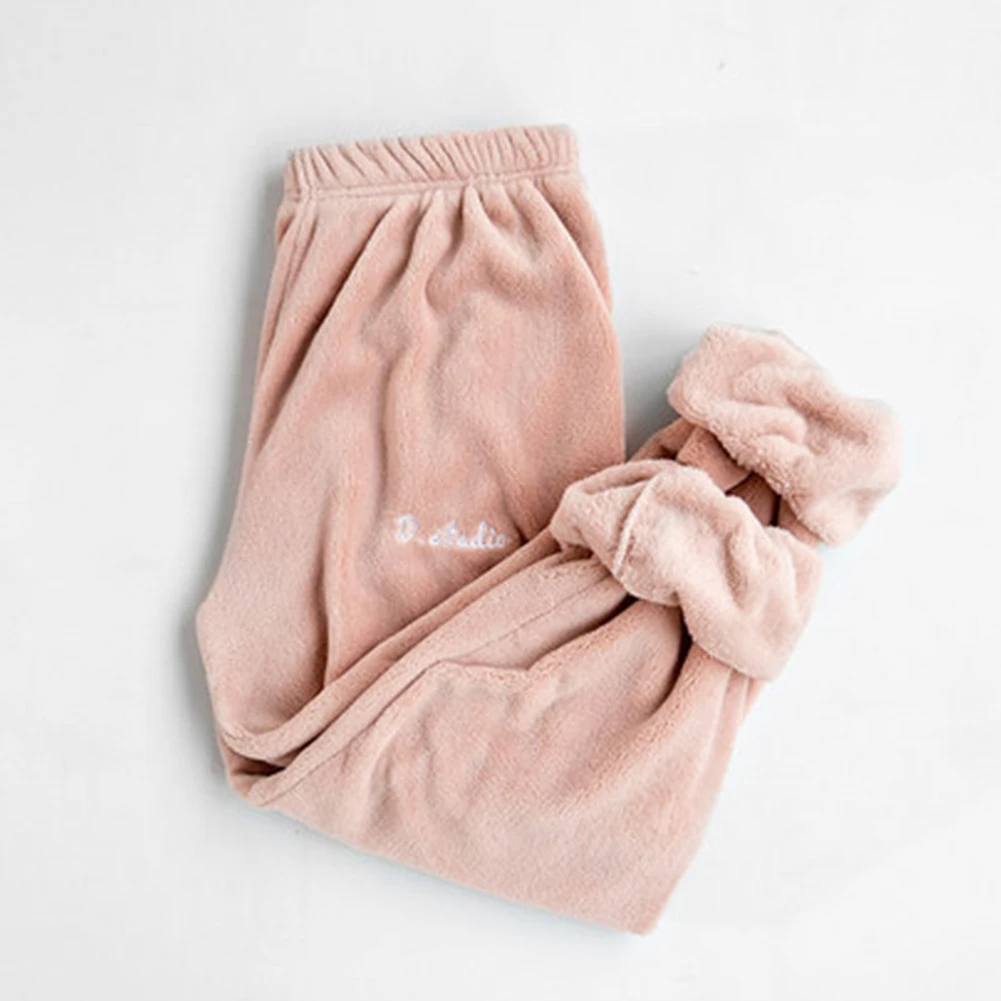 Мода Досуг Леди сплошной цвет эластичный пояс лодыжки галстук теплый коралловый флис пижамы брюки