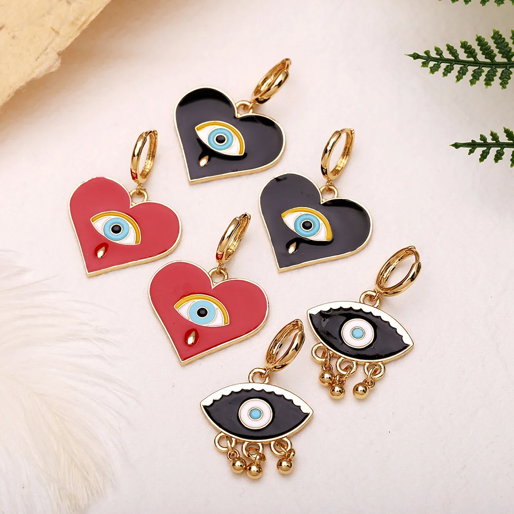 

2020 Vintage Dripping Black Red Evil Eye Tears Pattern Heart Shape Short Tassel Drop Earrings For Women Female Bohemian Earring